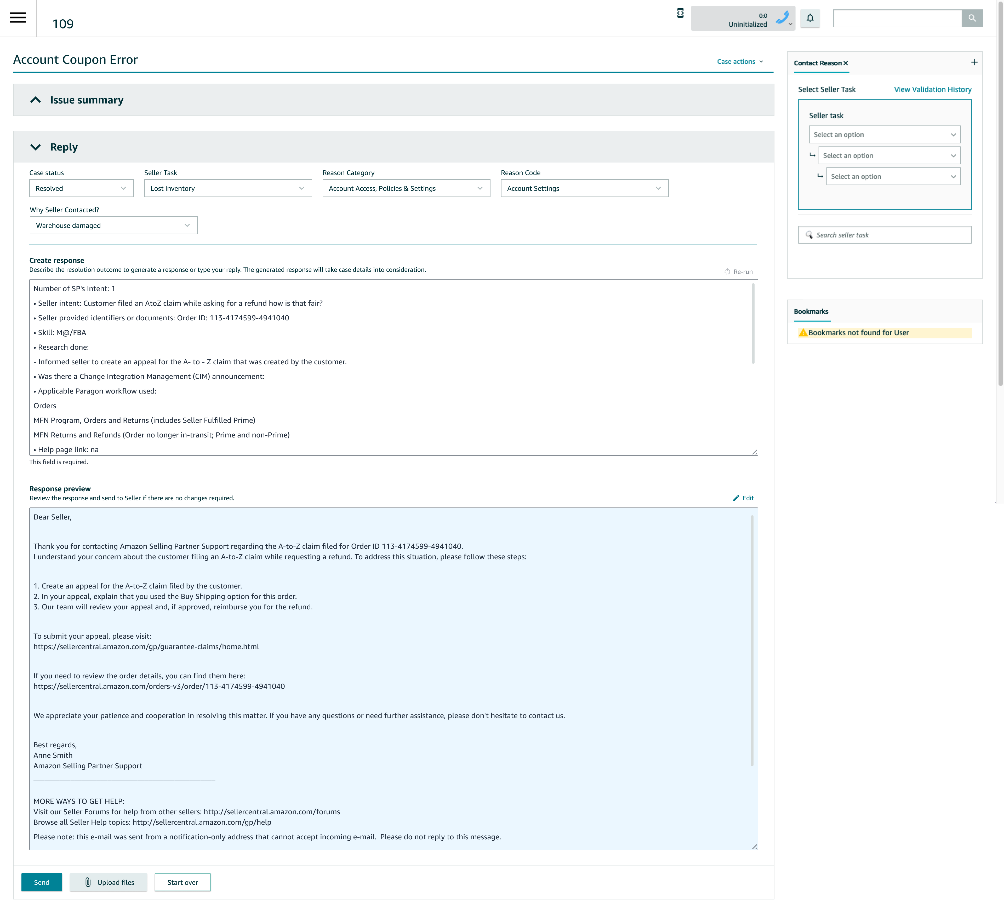 Response Generator interface showing the AI-generated email response preview